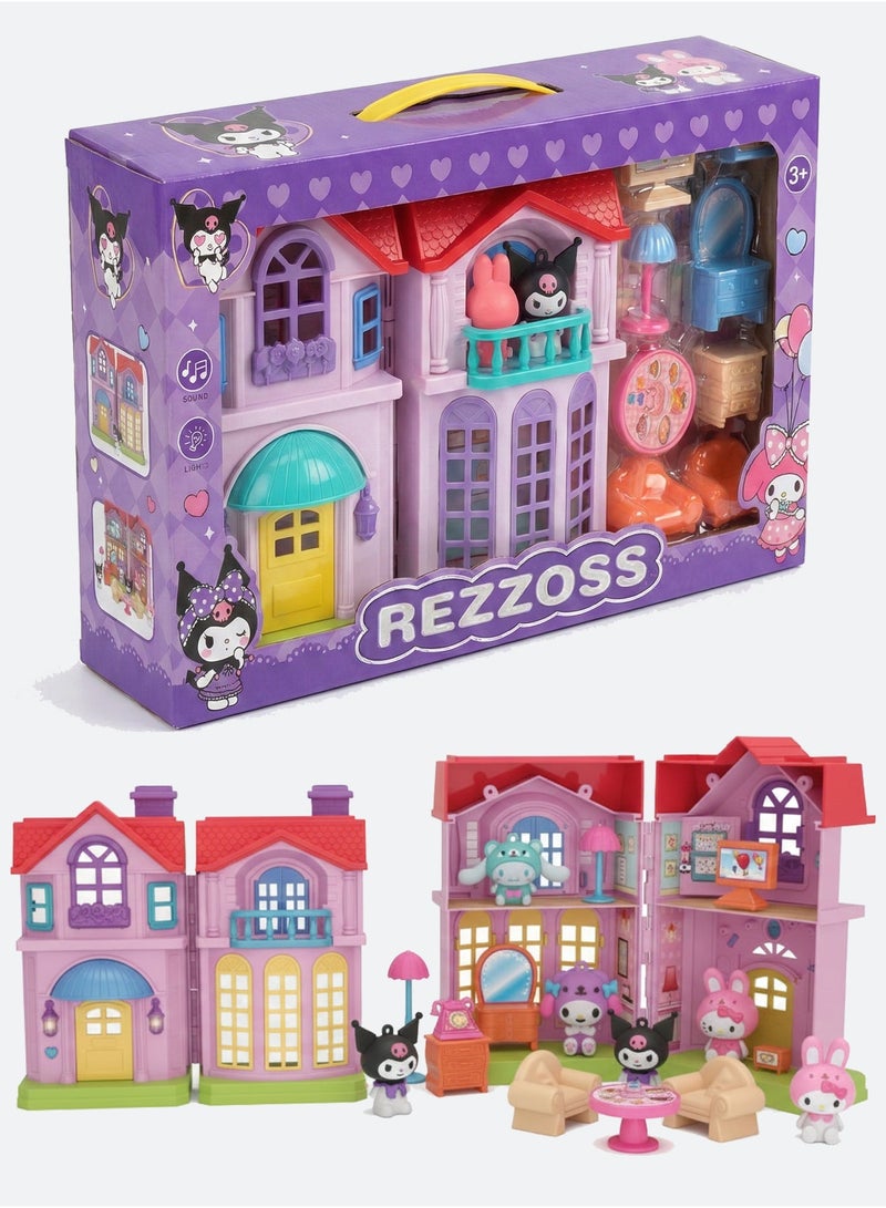 REZZOSS Kuromi Dollhouse Dining Room Playset with LED Lights & Music – DIY Purple 2-Story Villa with Furniture & My Melody Figures | Interactive Sanrio Tea Party Toy | Role Play Gift for Girls Birthday Eid Ramadan - Image 1